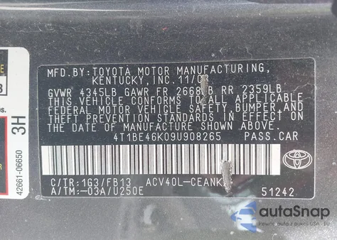 2009 Toyota Camry Le z USA, uszkodzony, nr VIN 4T1BE46K09U908265